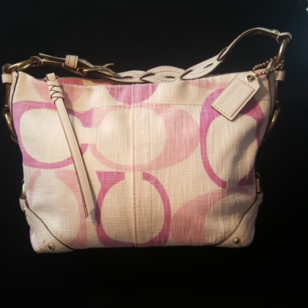 Coach Carly Gold Canvas|Leather Pinks|Cream Tonal "C" Medium Hobo
Shoulder Bag